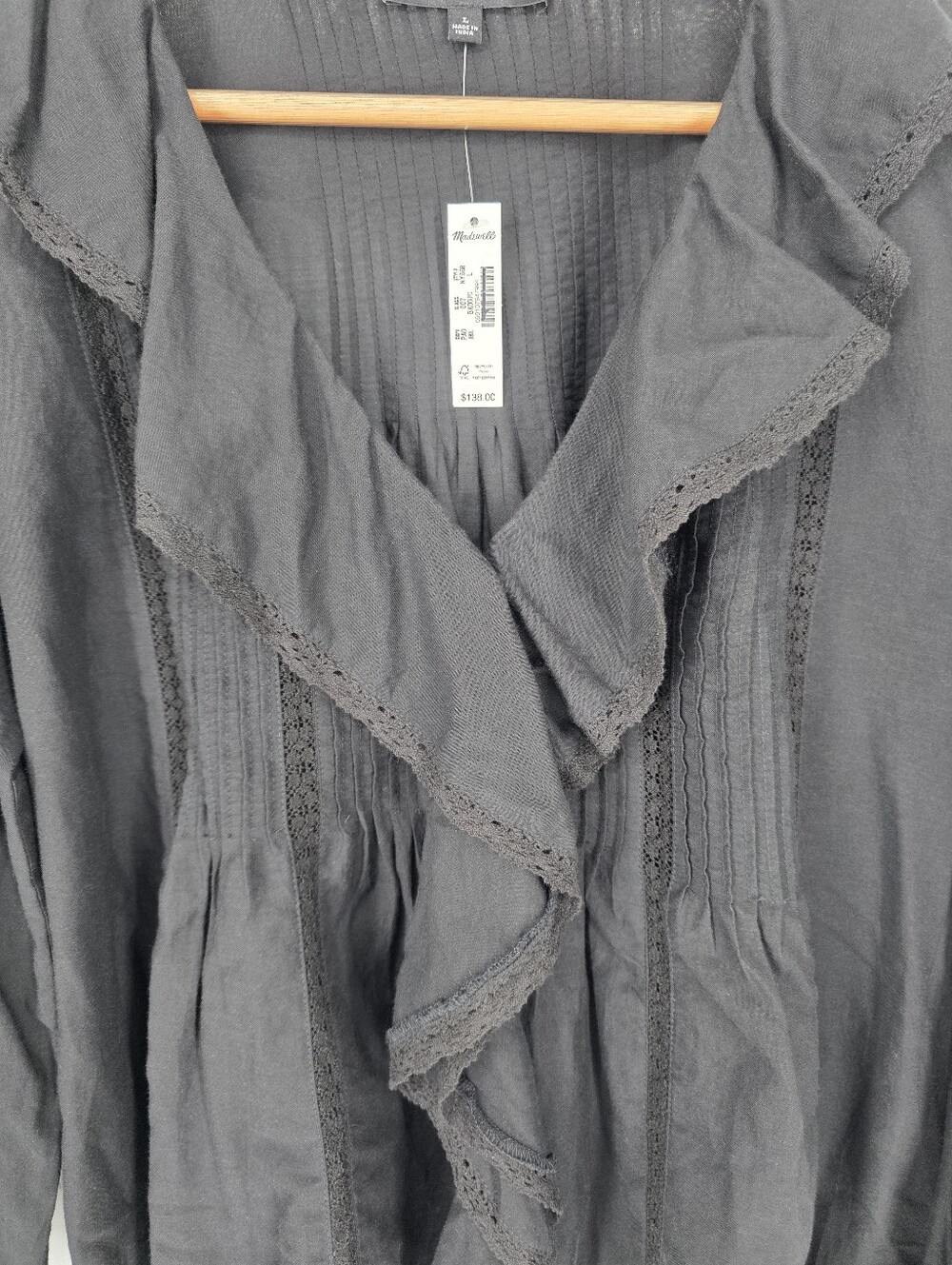 Madewell Black Lace-Insert Ruffled Pintuck Long-Sleeve Top, Sz L - Picture 6 of 15